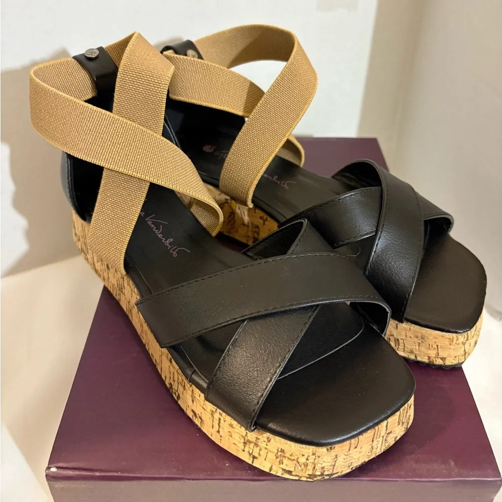 Gloria‎ Vanderbilt Women’s size 6 black wedge cork sandals cross band straps NIB